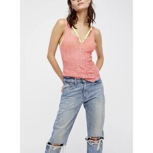 NWT Free People Intimately Pink Sleeveless Pucker Lace Notch Cami Tank Large NEW